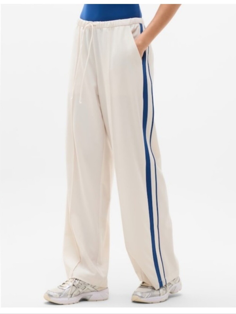 New Athleta MVP Side Stripe Wide Leg Track Pants Maritime/Bone Size XL